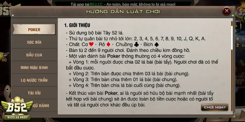 Giải đáp về trò chơi poker cùng B52Club